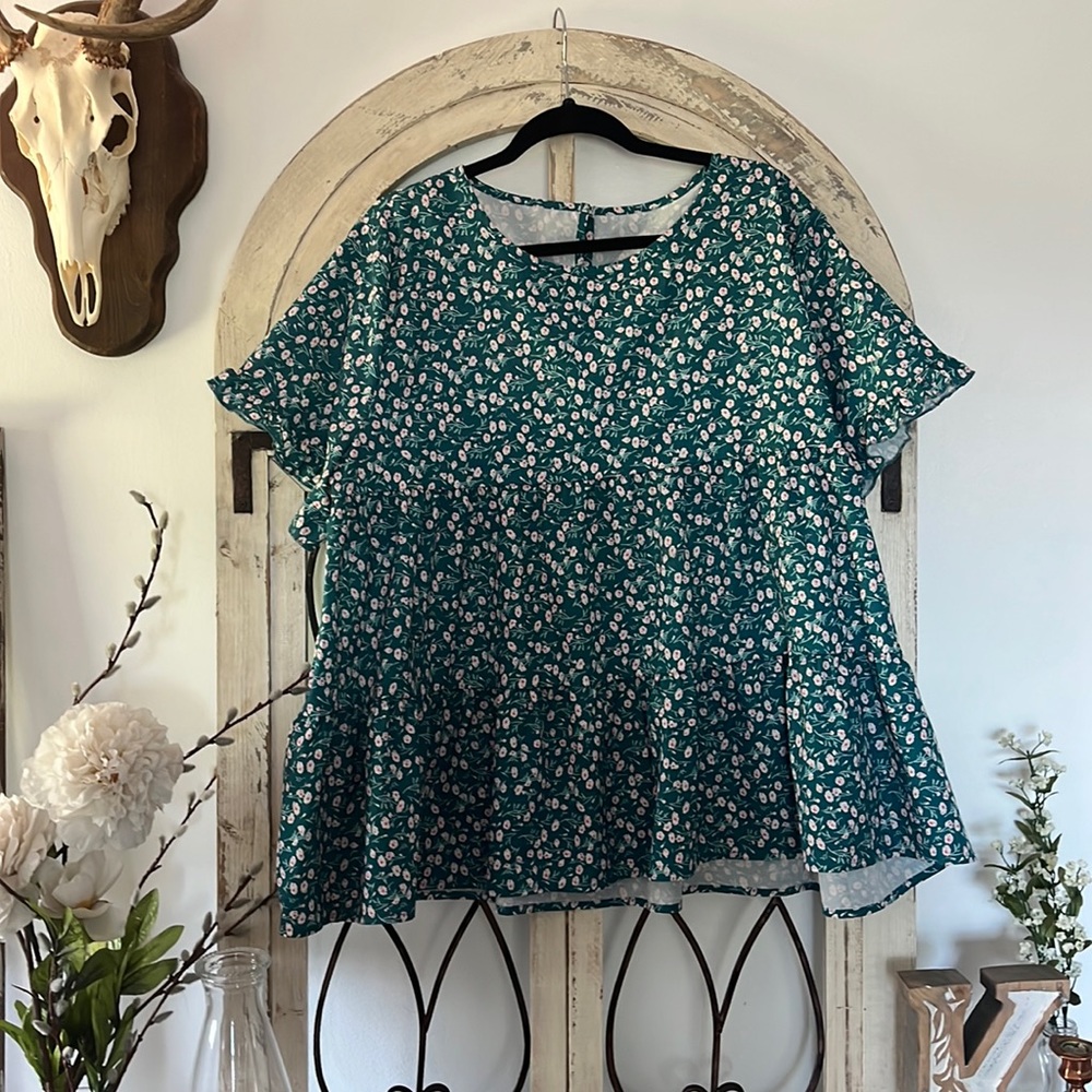 Teal Floral Babydoll Top